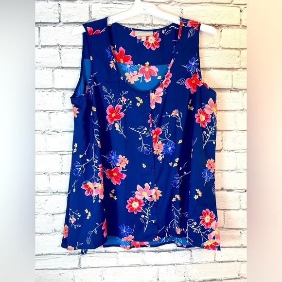 Woman Within Blue and Pink Floral Handkerchief Hem Tank Top size 18/20 - Picture 1 of 6